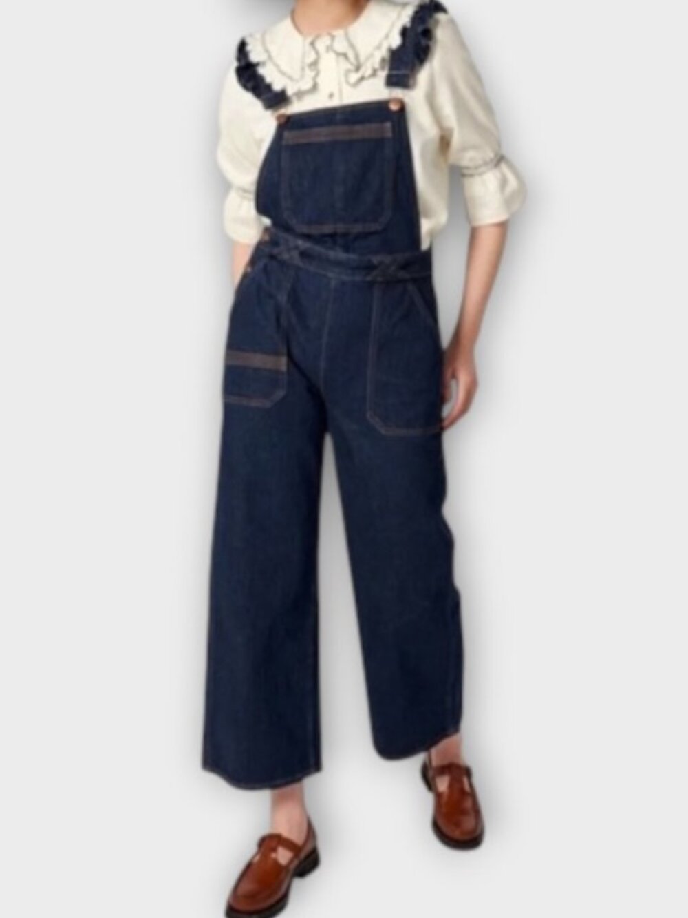 New! Seventy + Mochi Anthropologie Dark Wash Denim Ruffle Overalls Boho Prepp
